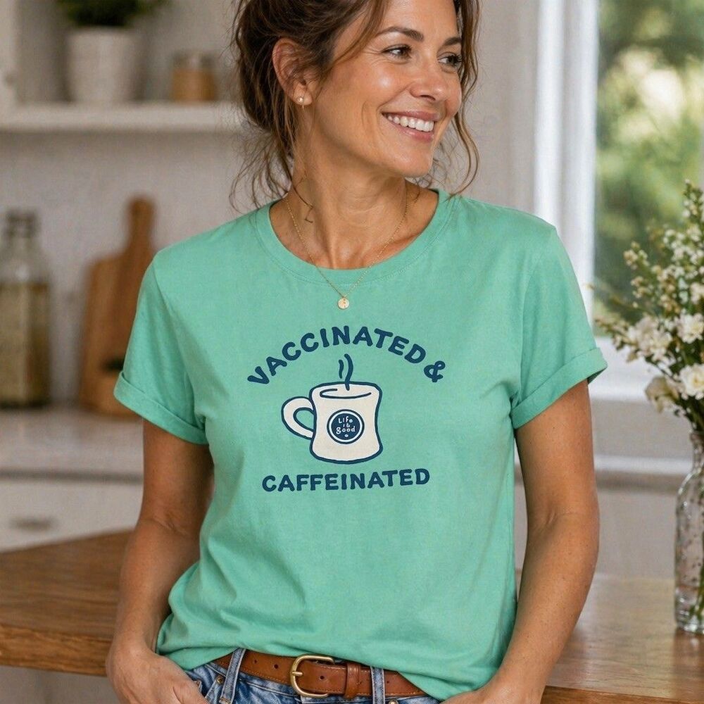 Life Is Good Crusher Tee Unisex Size L Green Vaccinated & Caffeinated Tee